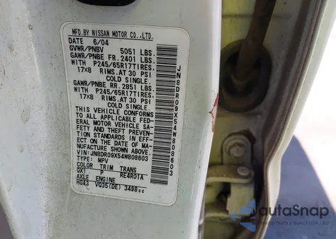 2004 Nissan Pathfinder Le Platinum from USA, damaged, VIN JN8DR09X54W808603